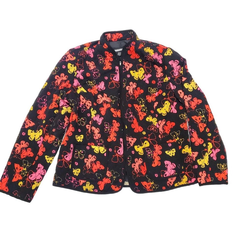Requirements Zippered Jacket  Large Multi-Colored  Butterfly Pattern Polyester